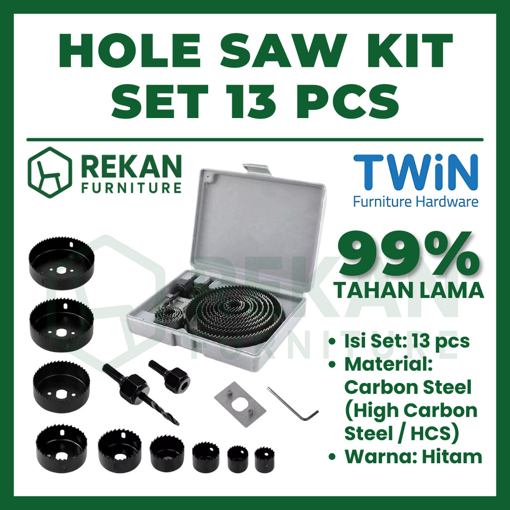 Hole Saw Kit Set 13 Pcs TWIN – Mata Bor Lingkaran Kayu Besi PVC / Gergaji Bor Lubang Serbaguna