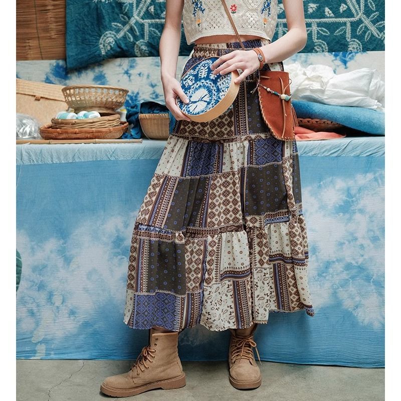 VELVANA Rok Pinggang Tinggi Gaya Etnik Bohemian Retro, Rok Pantai Pantai, Rok Panjang Wanita Trendi