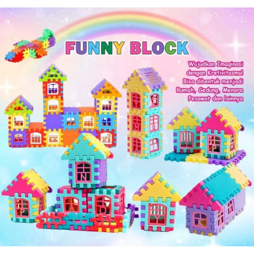 Mainan Edukasi Anak Balok Susun Puzzle Imajinasi Bentuk Rumah Funny Block