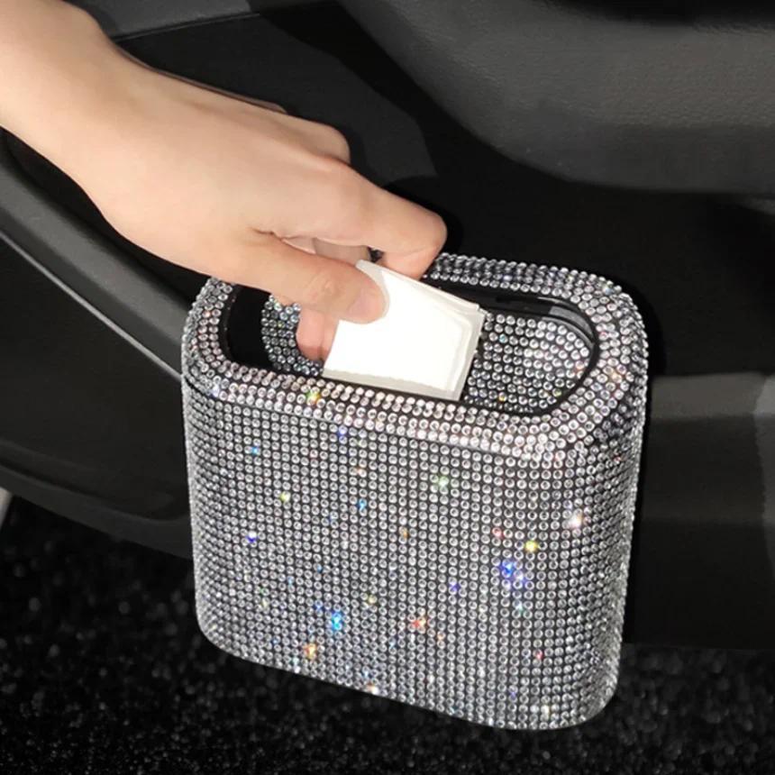 Glitter Trash Auto Supplies Storage Box Garbage Grabber Bling Rhinestone Interior Accessories Square