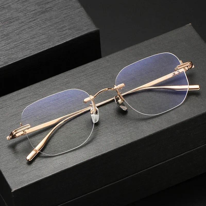 Rimless Pure Titanium Myopia Glasses Vintage Retro Men Business Near Sight Eyeglasses Finished Presc