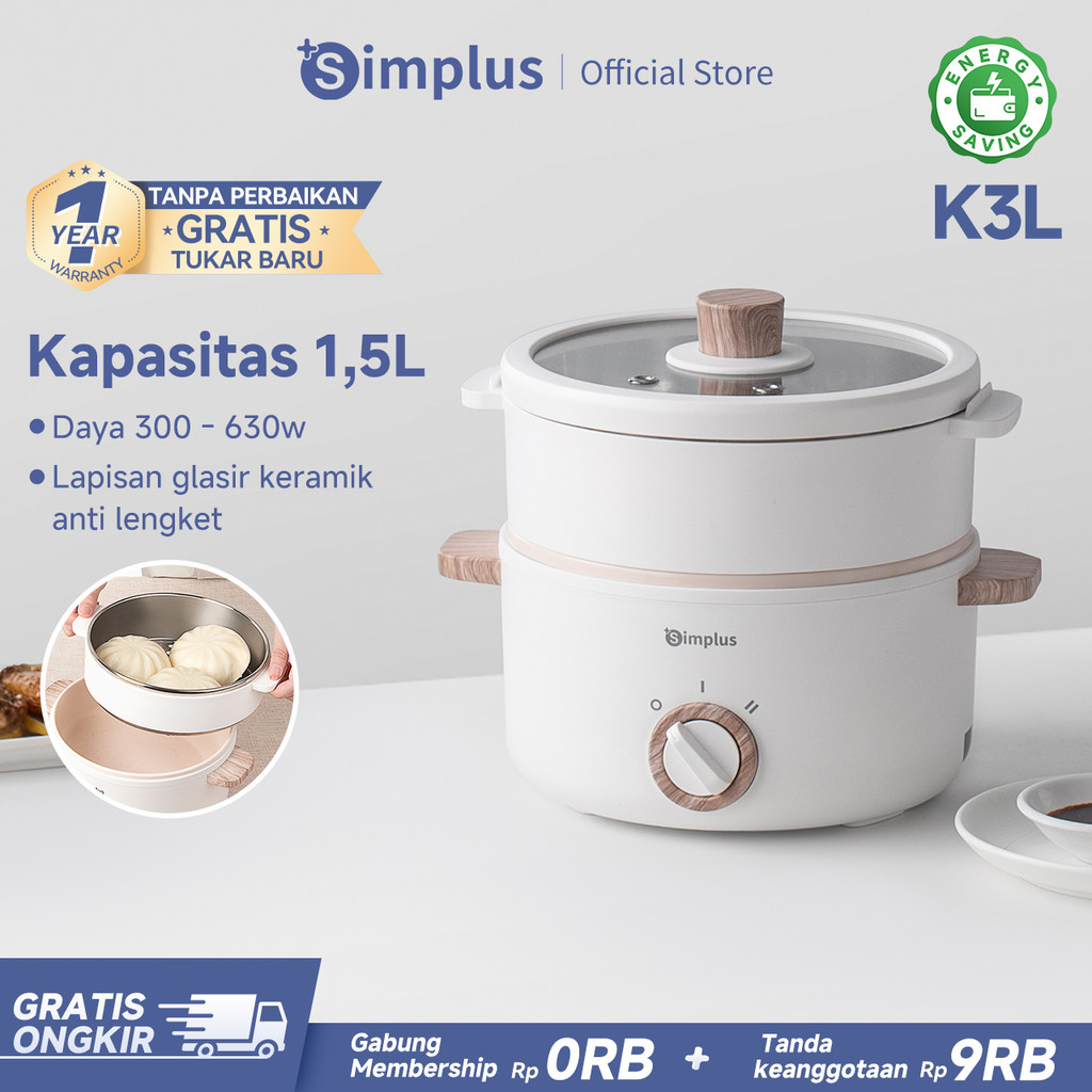 Simplus Panci Listrik Kapasitas 1.5L Panci Serbaguna Anti Lengket Dengan Kukusan 2 Mode Panas