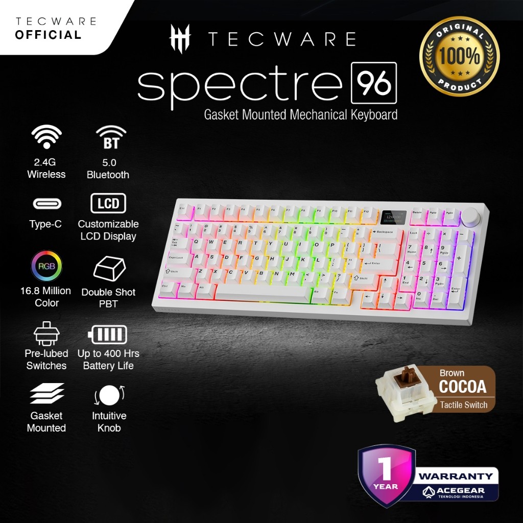 Tecware Spectre 96 Gasket mounted keyboard w/LCD and Knob, Tecware Wraith Cocoa Brown switches (Whit