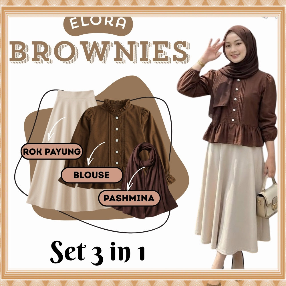 Oneset Blouse Elora Choco With Rok Payung 3 in 1 Outfit Korean Style Kekinian (Pashmina + Blouse Elo