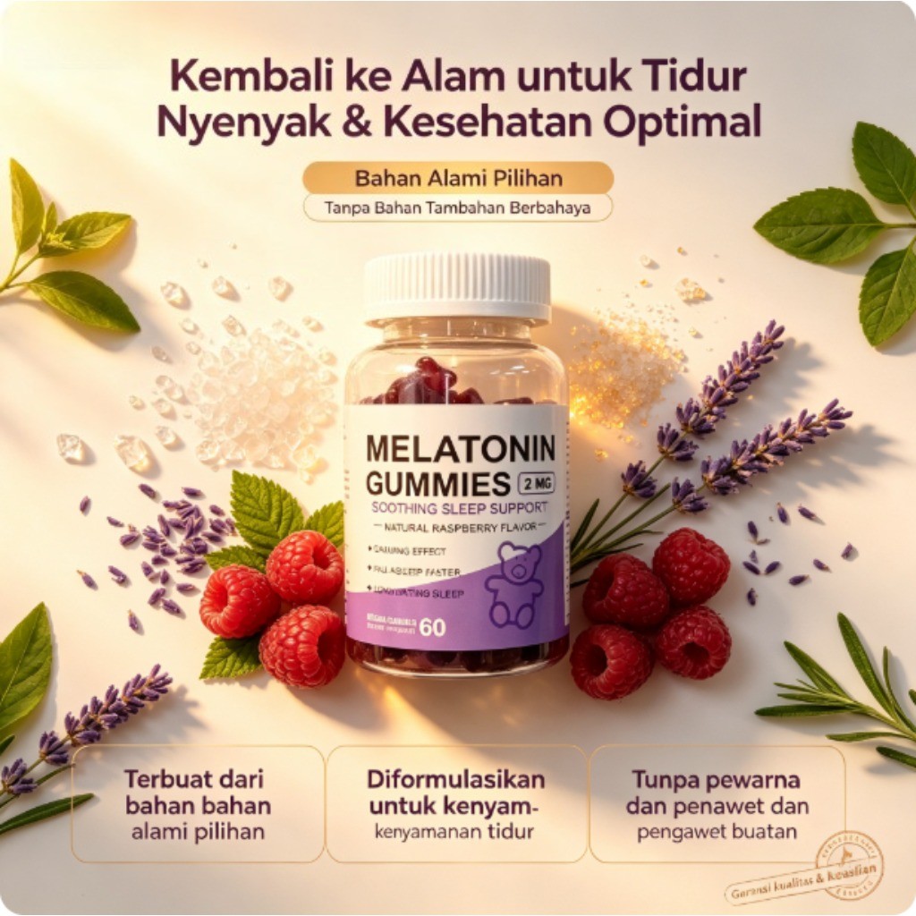Suplemen Gummies Melatonin 2 mg Mendukung Tidur Dalam dan Relaksasi Alami 60 Gummies Vegan Rasa Rasp