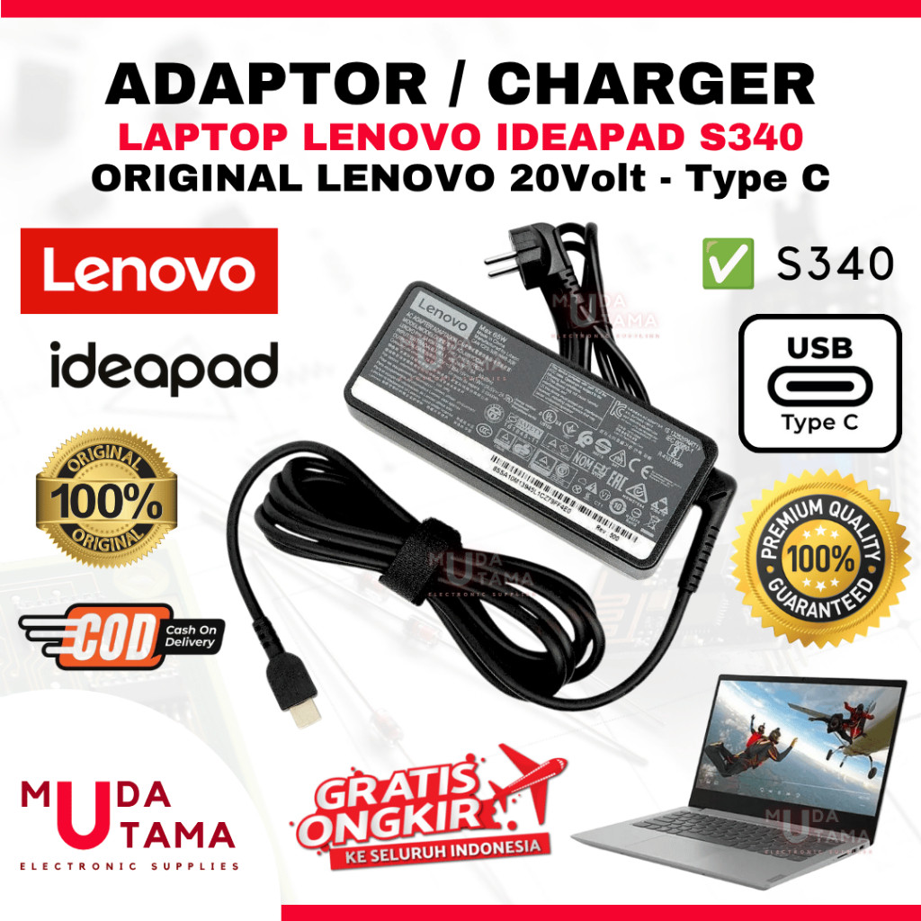 Adaptor Charger Laptop LENOVO Ideapad S340 Type C Original - Adaptor Laptop LENOVO Ideapad S340 - Ad