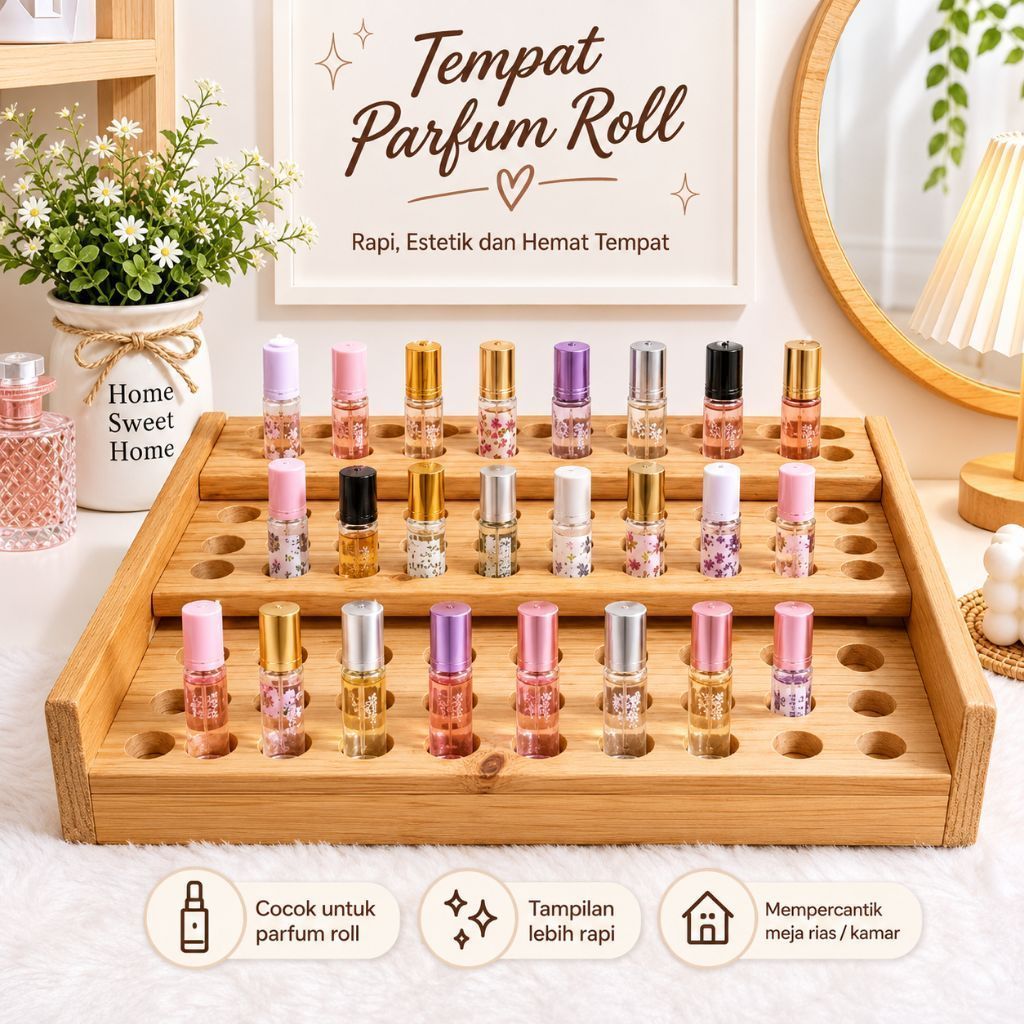 [RP] Rak Parfum Kayu Minimalis 3 Tingkat / Display Stand Botol Parfum Roll On & Essential Oil Meja R