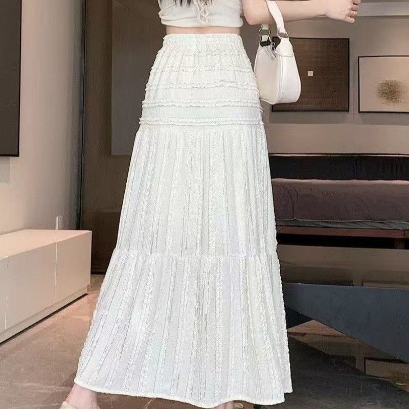 Rok wanita berpinggang tinggi model A-line, rok setengah kasual serbaguna, rok bertingkat model A-li