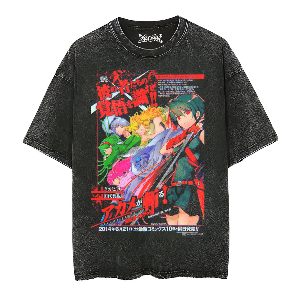 ZADA NAJAH kaos Oversize Anime Akame Ga Kill Stone Black Washed Vintage t-shirt | Baju oversize