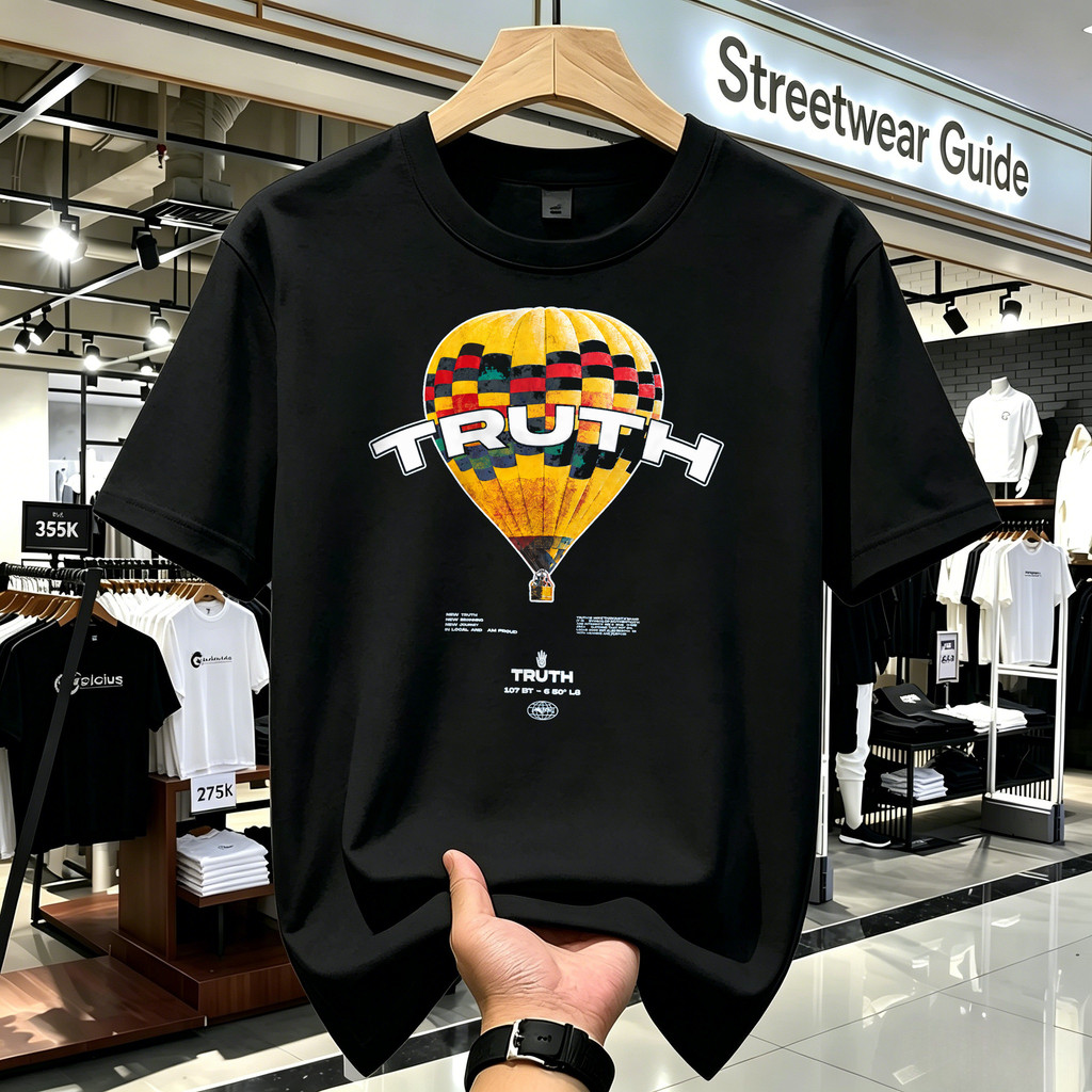 Kaos Oversize Pria Kaos Vintage Desain Balon Udara Truth American Style Kaos Casual Hitam Lengan Pen
