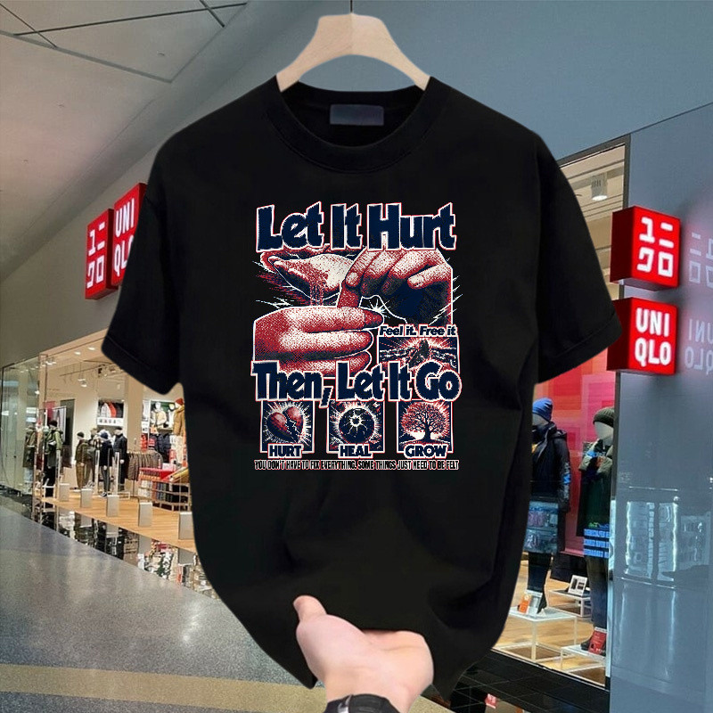 Let It Hurt Then Let It Go, Kaos Pendek Motif Vintage Grunge Dengan Pesan Hurt Heal Grow, Bahan 100%