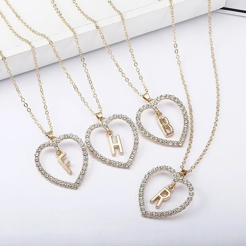 GROSIRJUJUR Kalung Rantai Alfabet Liontin Huruf A-T Rosegold Silver Bentuk Love Hati Aksesoris Wanit
