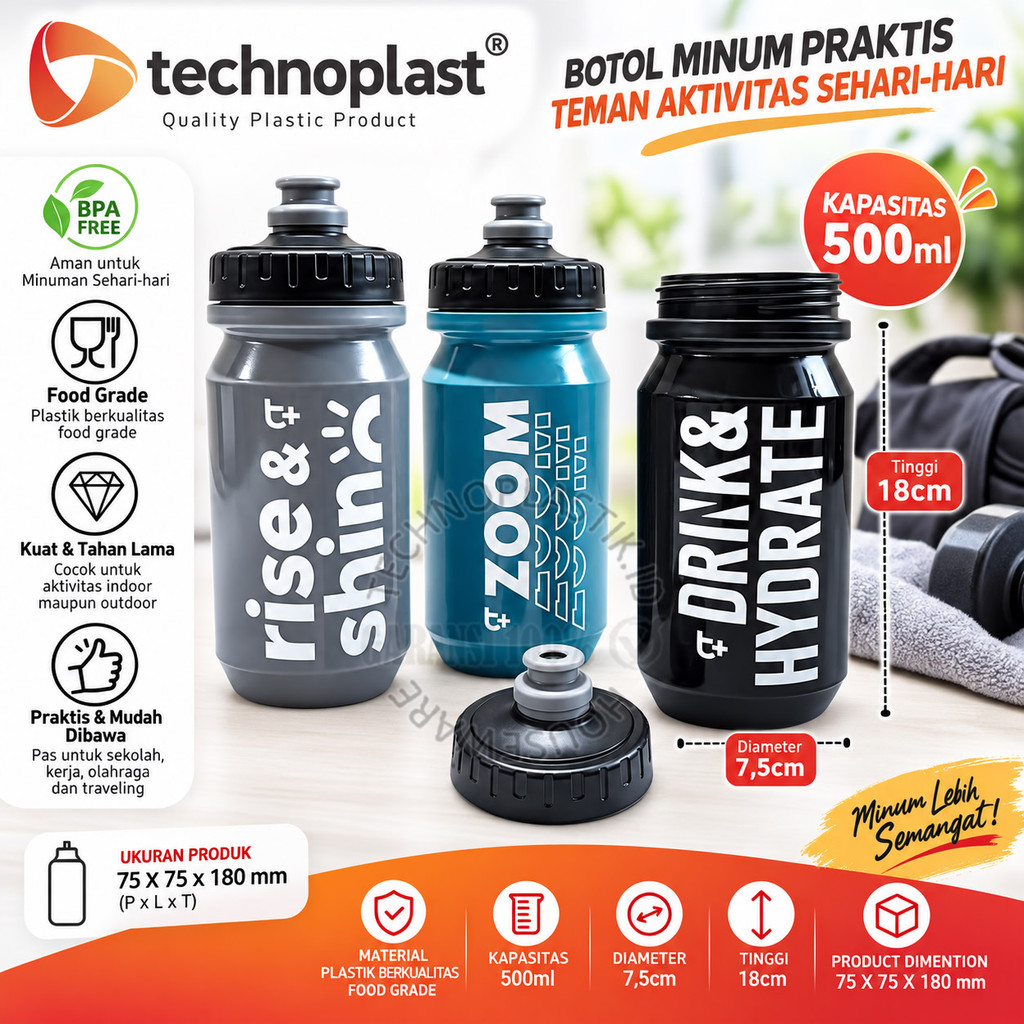 TECHNOPLAST Botol Sepeda T+ Sport Botol Air Bersepeda 500Ml & Bidon 500ml