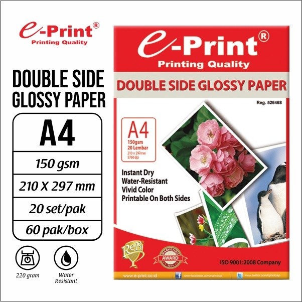 Double Side Glossy Photo Paper / Kertas Foto Glossy 2 Sisi E-Print A4 150 Gsm