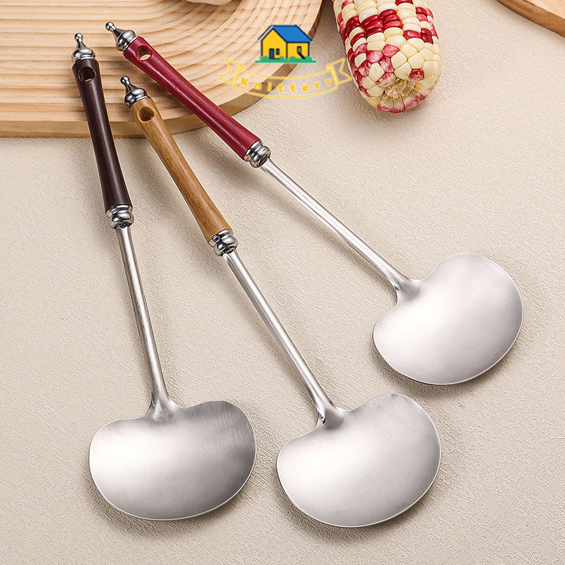 Pegangan Kayu Stainless Steel Jamur Sekop Rumah Tangga Spatula Pegangan Panjang Stir Fry Spoon  Knit