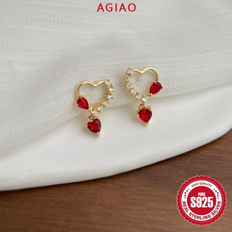 AGIAO Anting-anting Rumbai Hati Zircon Merah Premium 5A Hipoalergenik Perak 925 Anting-anting Stud B