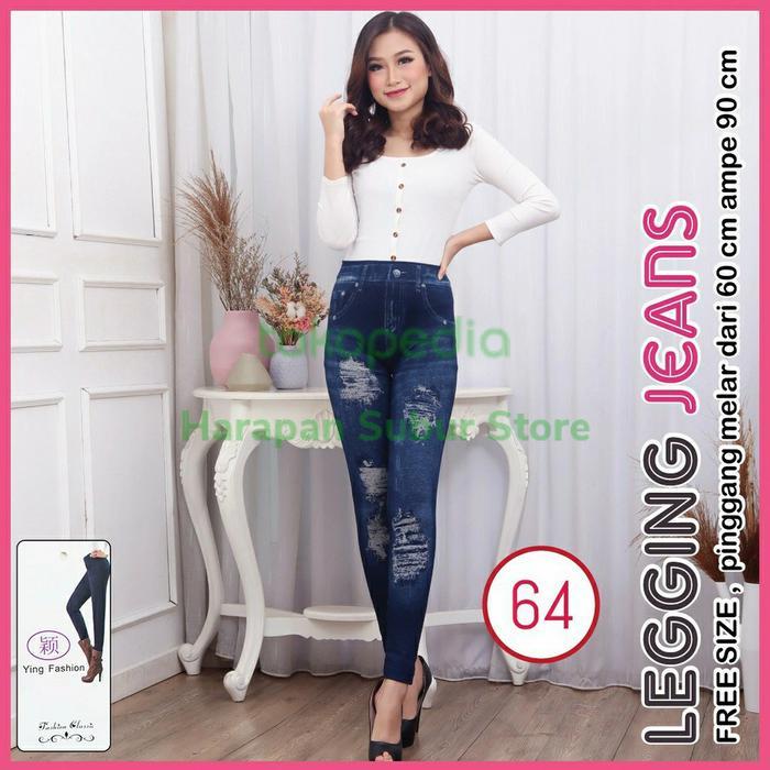 Celana Legging Jeans Motif Sobek Ripped Wanita Import Jumbo Murah - Hitam