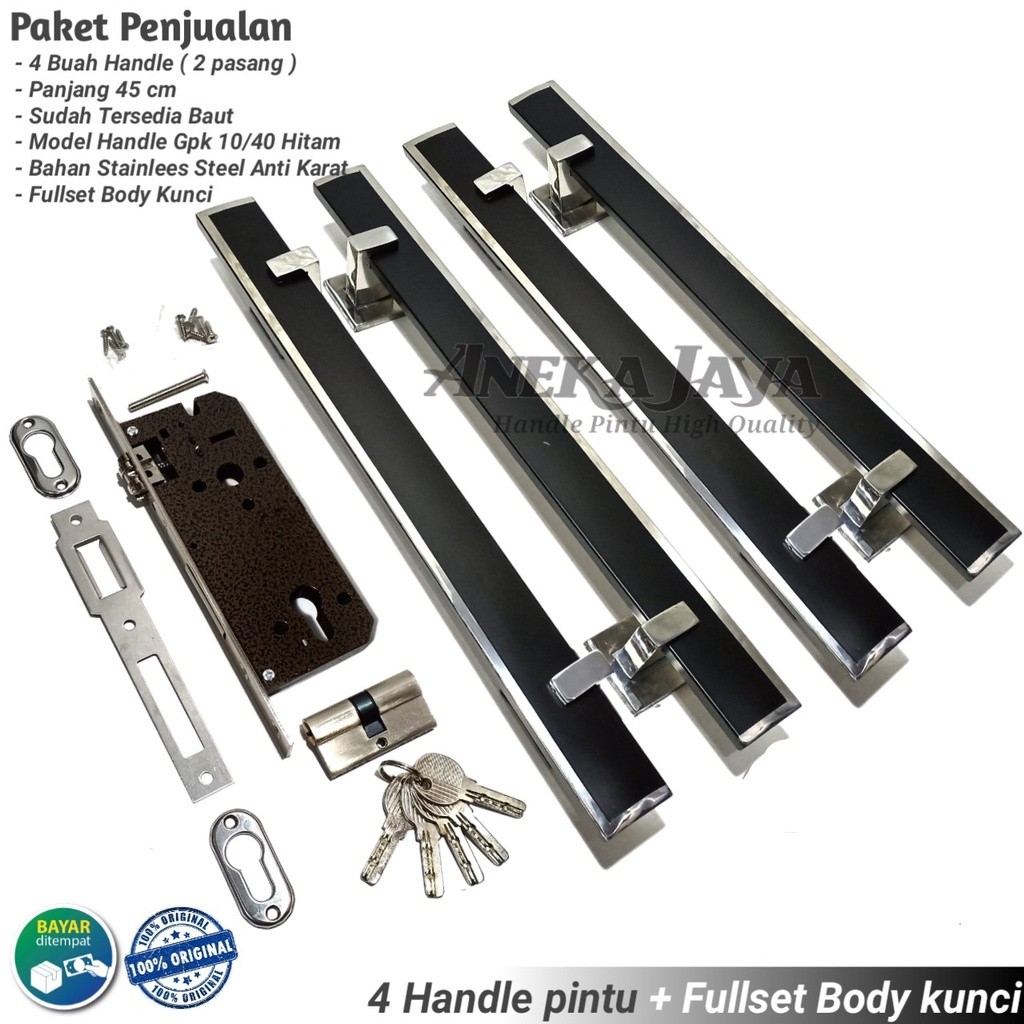 PROMO  Satu set 4 handle pintu rumah 45 cm + Body kunci / Gagang pintu / Tarikan pintu rumah depan