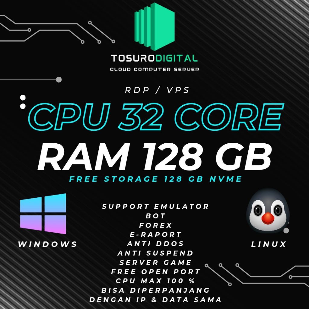 RDP VPS PREMIUM INDONESIA 32 CORE 128 GB CPU 100% ANTI SUSPEND BISA DIPERPANJANG