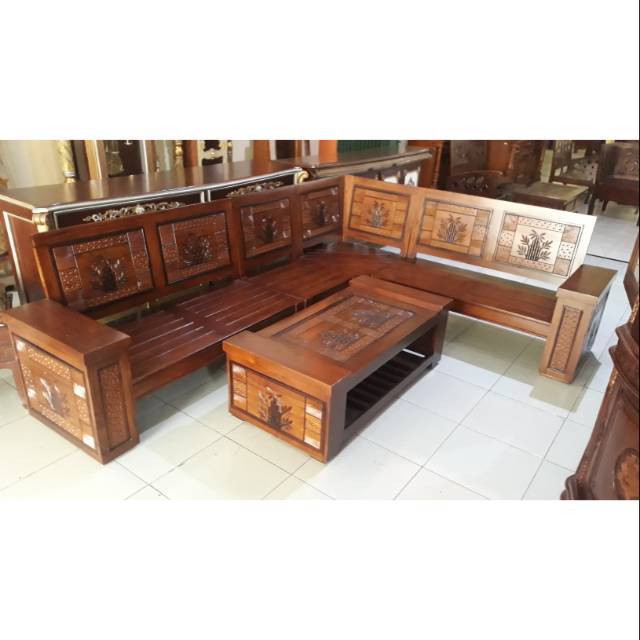 Kursi Tamu Sudut Minimalis Jati Ukiran Bambu