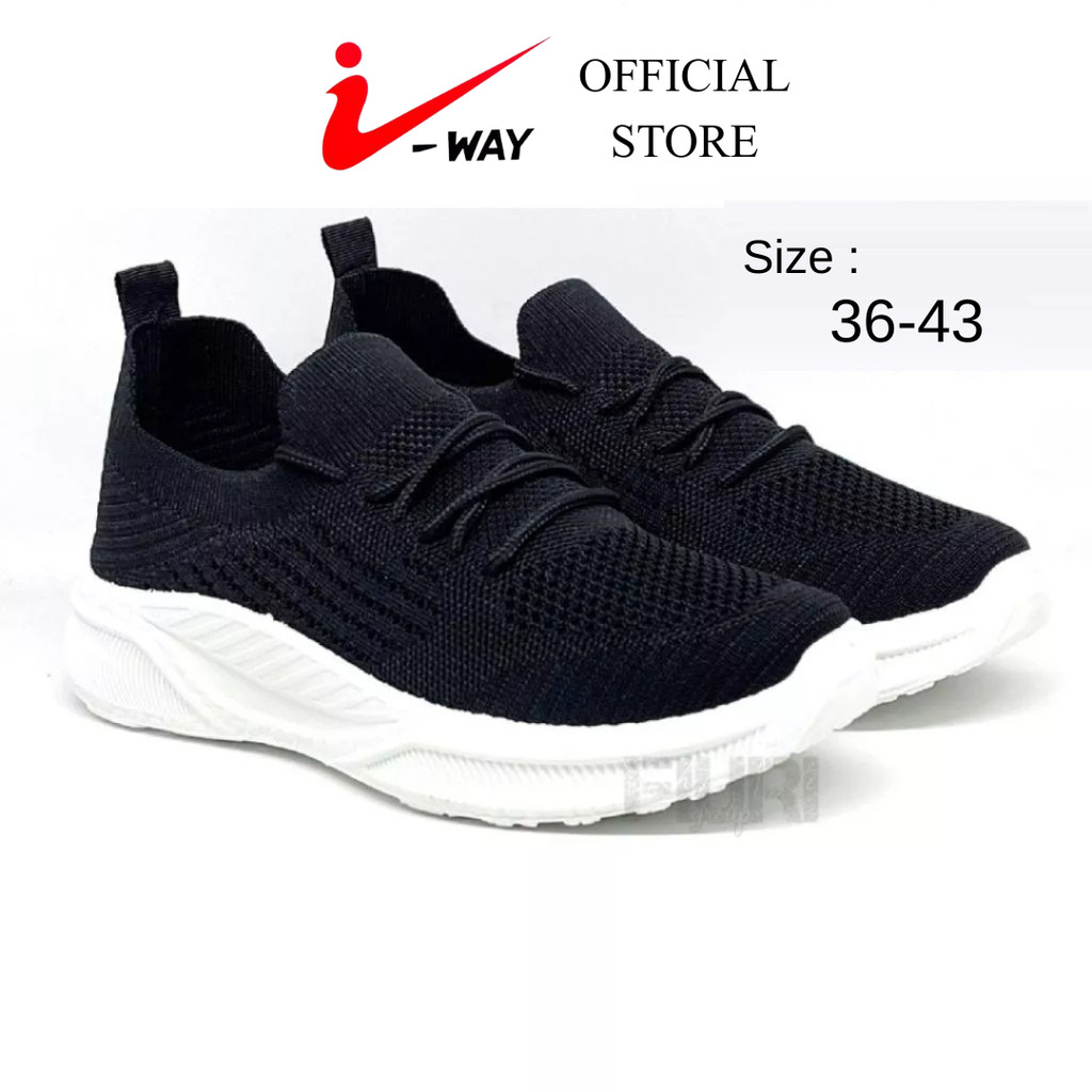 I-Way - Sneakers Slip On 36-40 - Sepatu Knit Rajut Tali Olahraga Pria Wanita - Hitam Putih