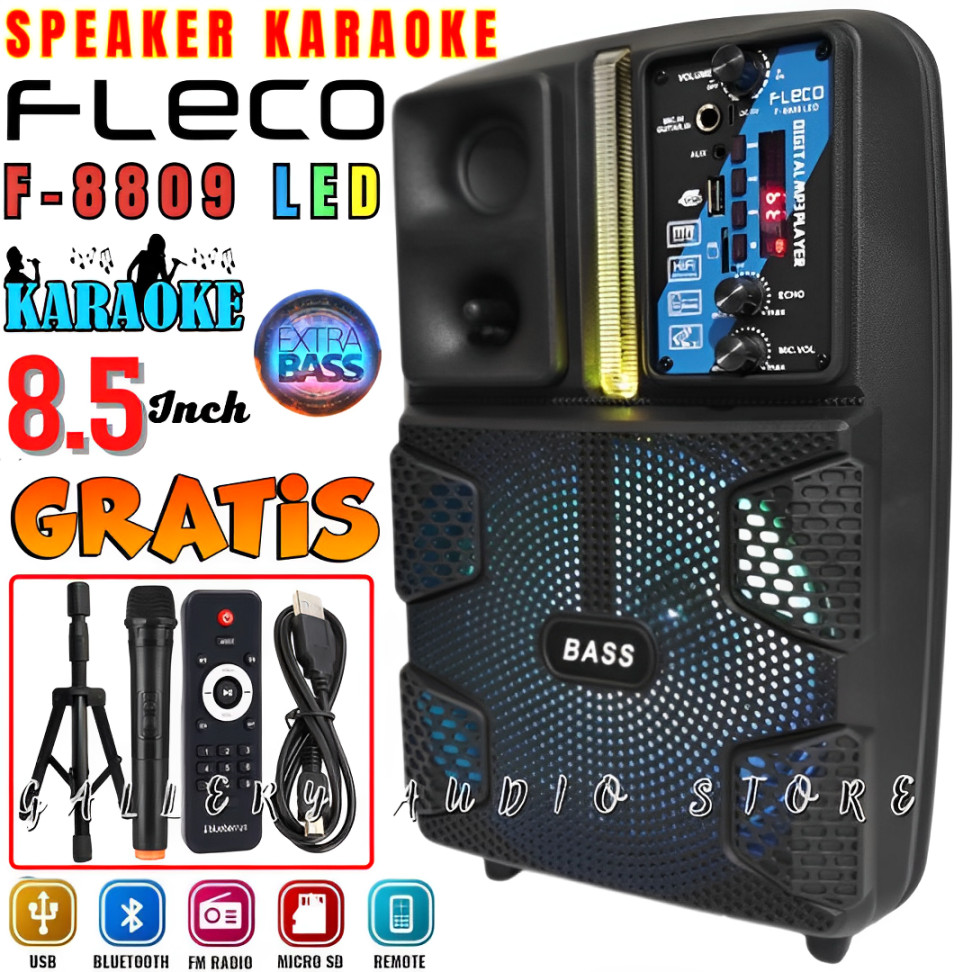 UKURAN BESAR Termurah Speaker Bluetooth Fleco F 8809 LED 8'5 Inch GRATIS MIC Wireless Karaoke + Remo