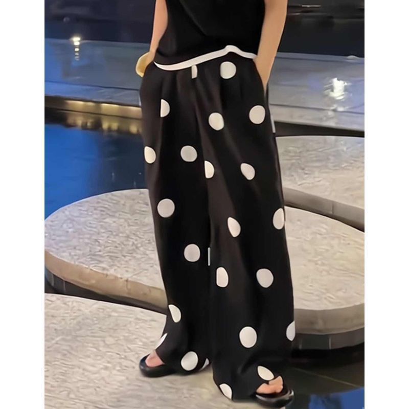 Celana Kulit Hitam Kaki Lebar Wanita - Celana Kurus Polka Dot Vintage