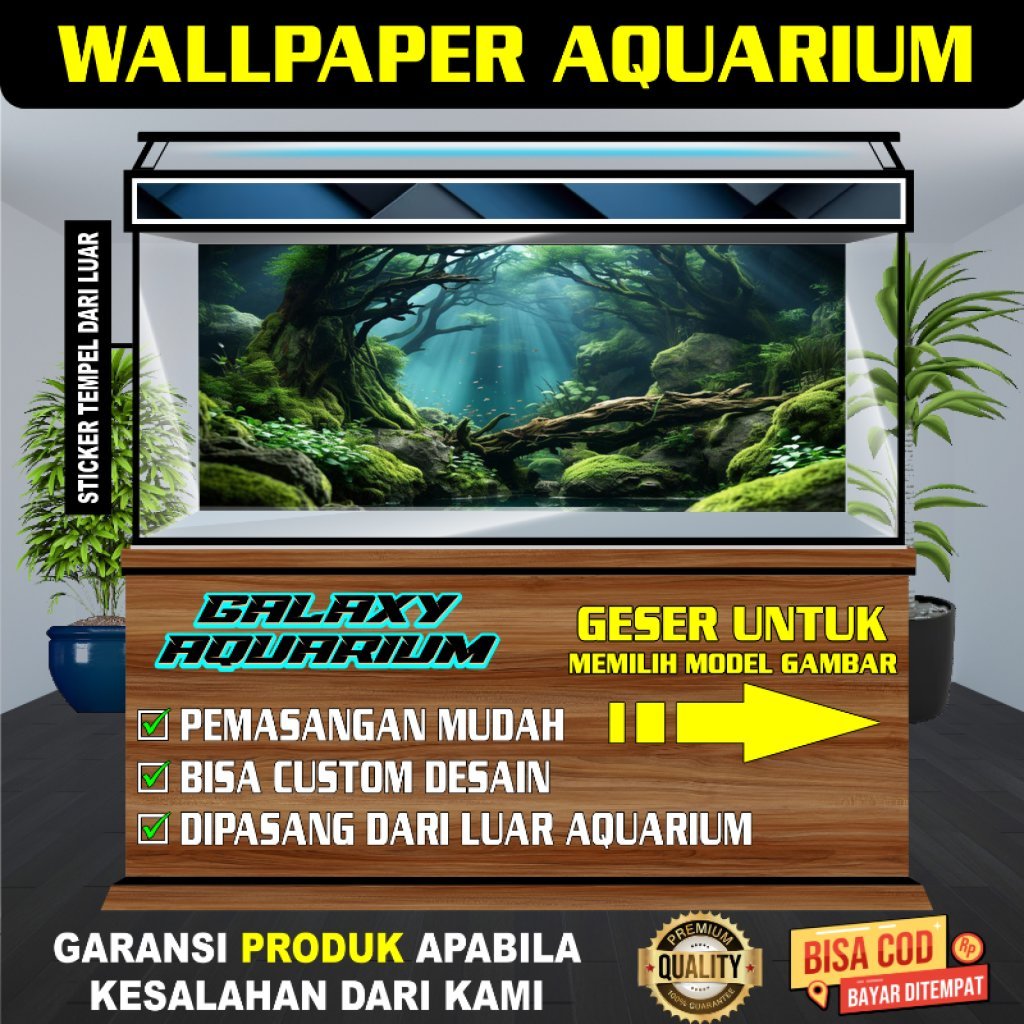 beground aquarium, background wallpaper aquarium belakang 3d, hiasan aquarium air terjun hutan
