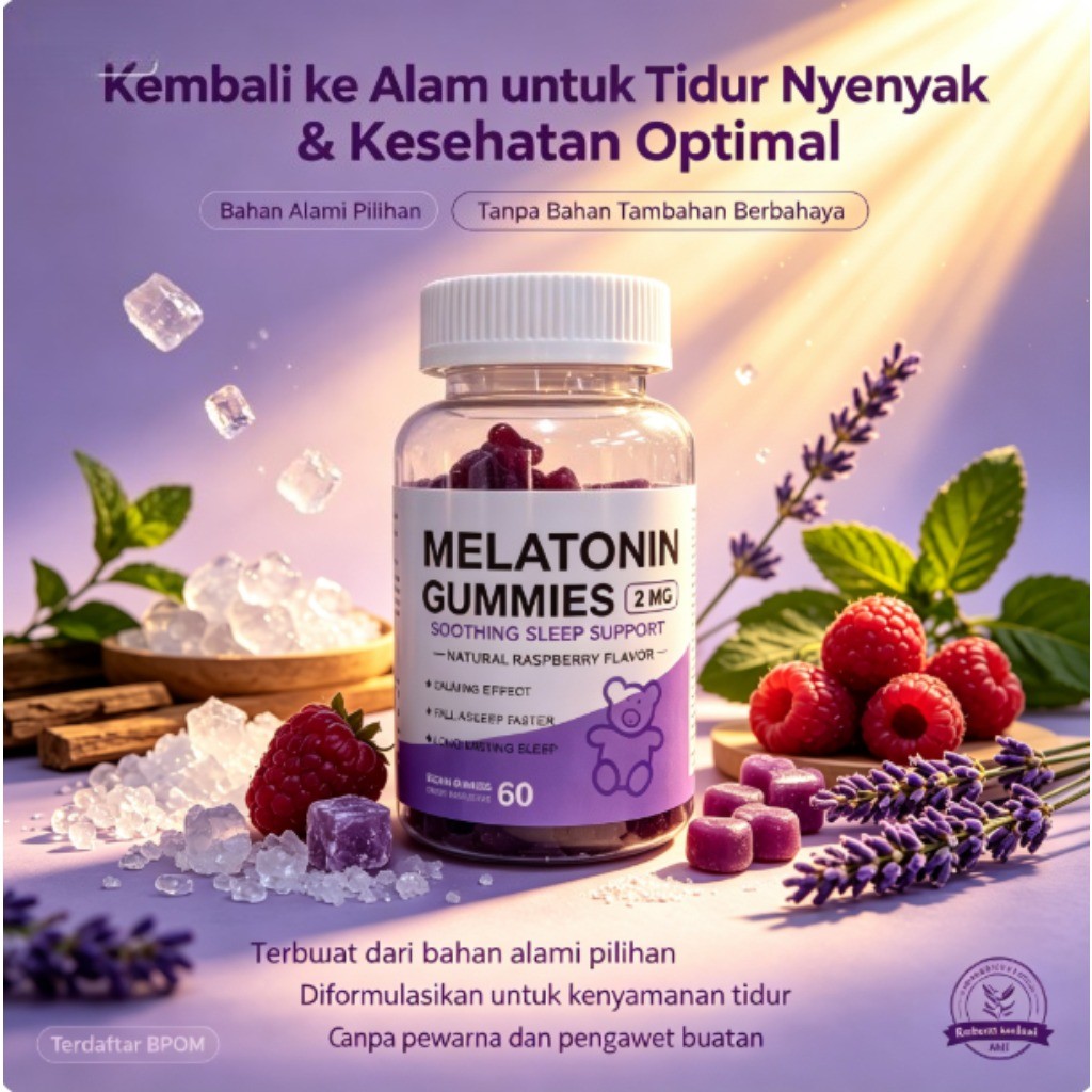 Suplemen Gummies Melatonin 2 mg Mendukung Tidur Dalam dan Relaksasi Alami 60 Gummies Vegan Rasa Rasp