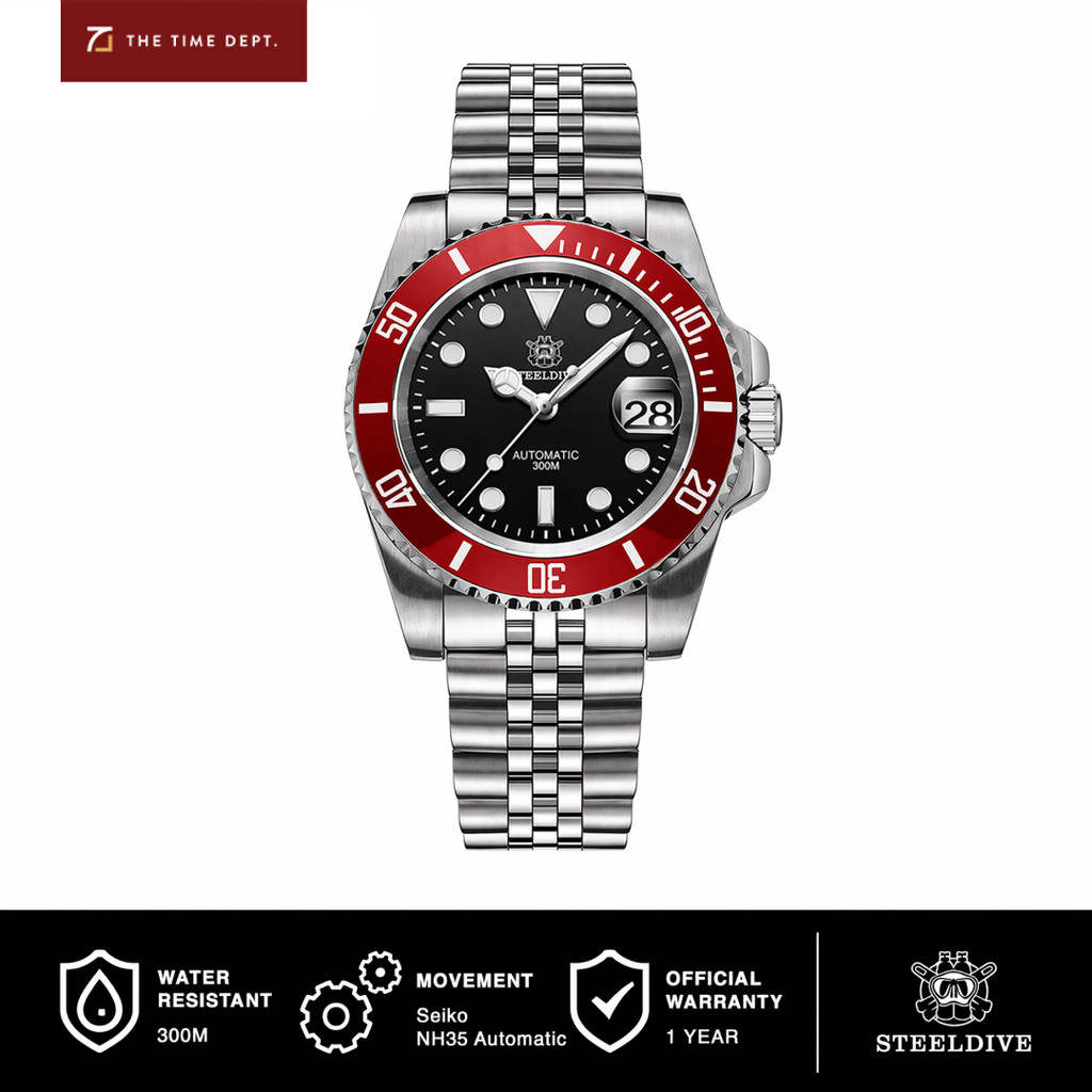 Steeldive SD1953 Submarine Red Bezel Black Dial Jam Tangan Automatic Mesin Seiko NH35A Japan Automat