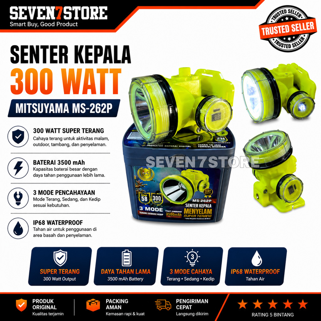 Senter Kepala Selam 300W Mitsuyama MS-262P Headlamp LED Waterproof IP68 3500mAh Rechargeable