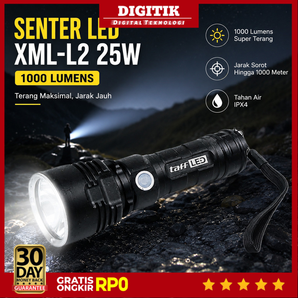 DIGITIK - TaffLED Senter LED XML-L2 USB Rechargeable Long Range 25W 1000 Lumens - XML-L2