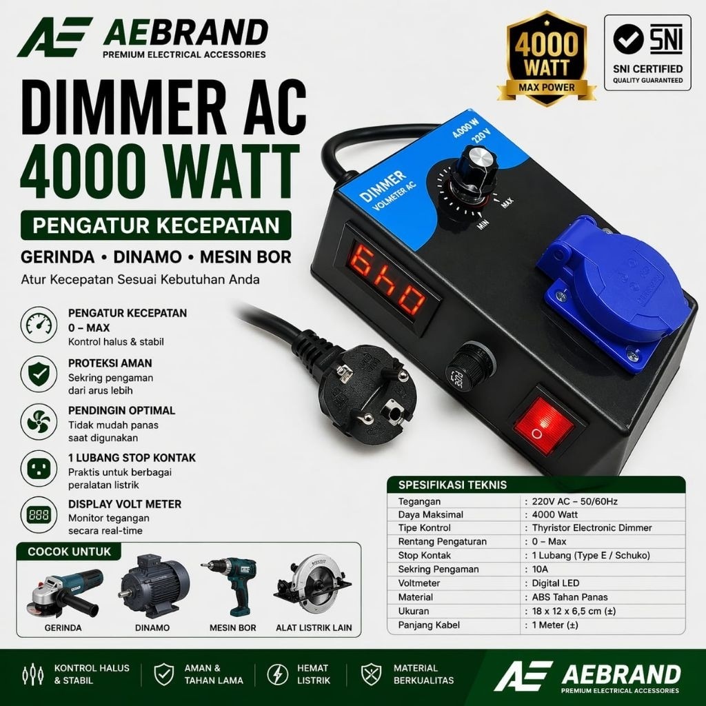 ALIANSHOP AEBRAND DIMMER AC 4000W 4000 WATT - PENGATUR KECEPATAN GERINDA MESIN BOR KIPAS HEATER MESI