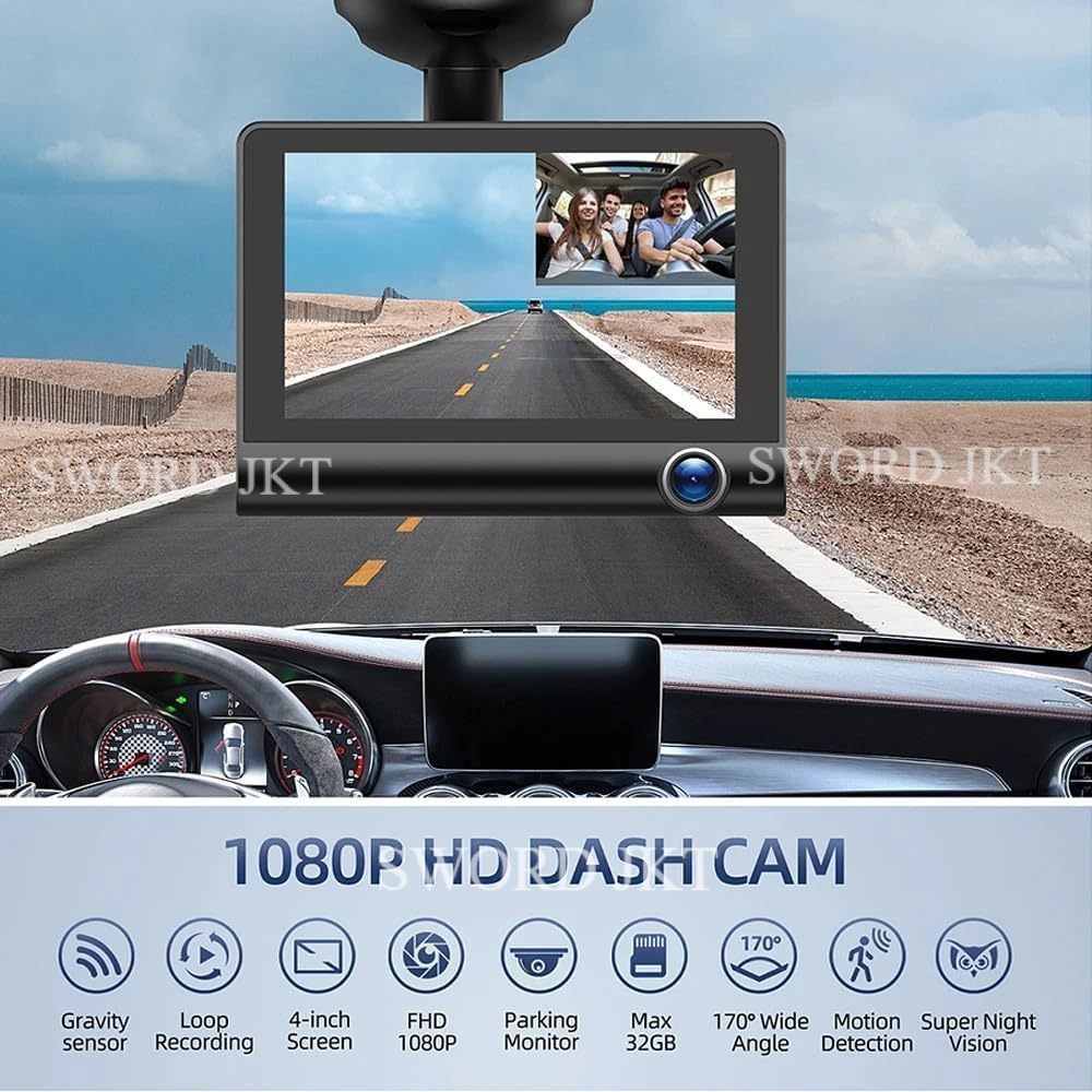 Kamera Dashboard Mobil Spion Dashcam 3 Lensa HD 1080P Layar 4 Inch Night Vision G-Sensor Motion Dete