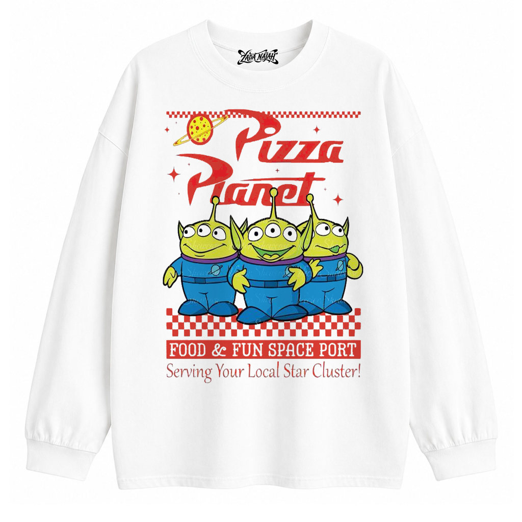 ZADA NAJAH Kaos Oversize Lengan Panjang Unisex Toy Story Pizza Planet Graphic Tee Streetwear Casual 