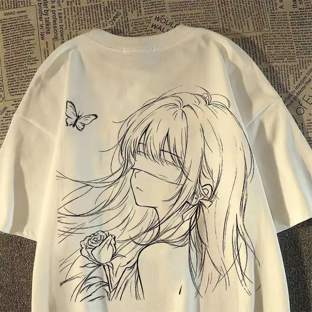 Kaos Pendek Kasual Motif Sketsa Gadis Anime Kreatif, Unisex Anak Laki-laki & Perempuan Musim Panas, 
