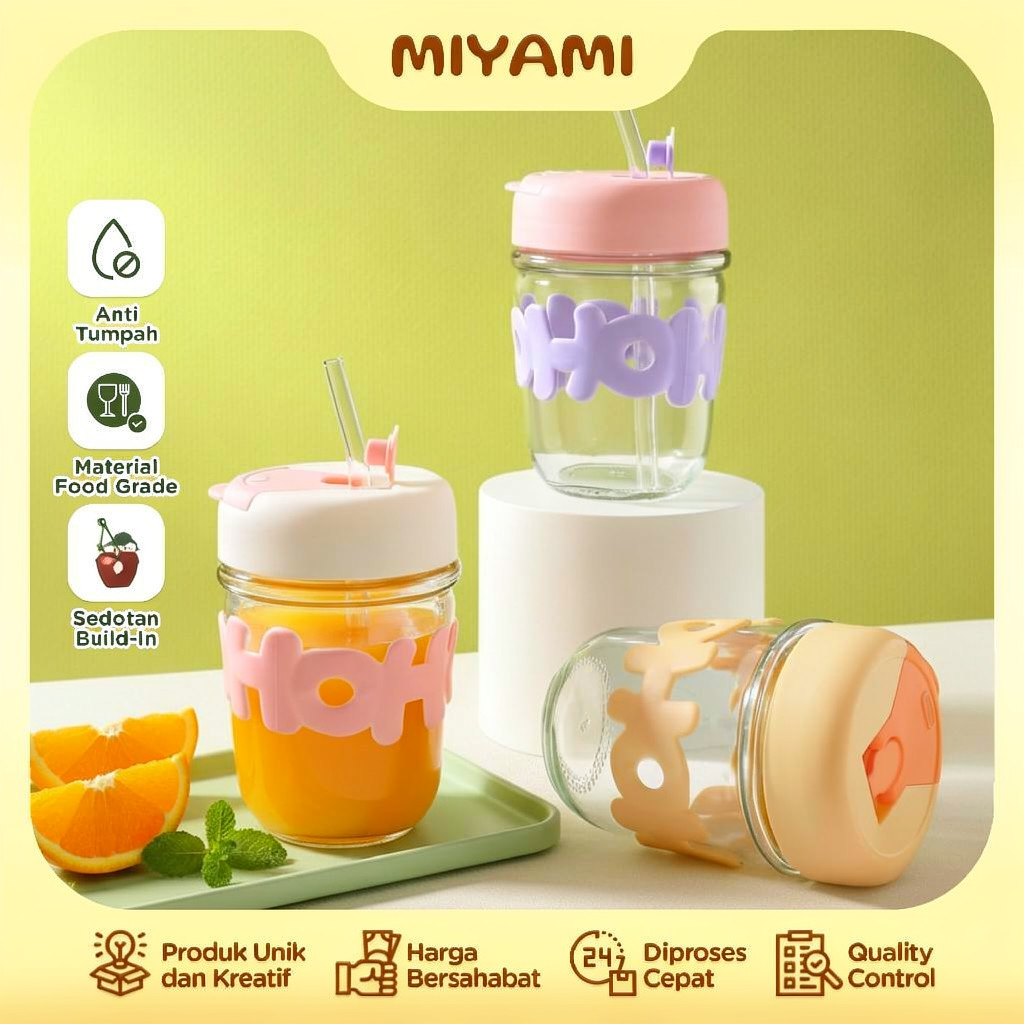 Gelas Kaca Slave HOHO 350 ML Mug Kopi Tumbler Estetik Anti Tumpah dengan Sedotan Food Grade - MI