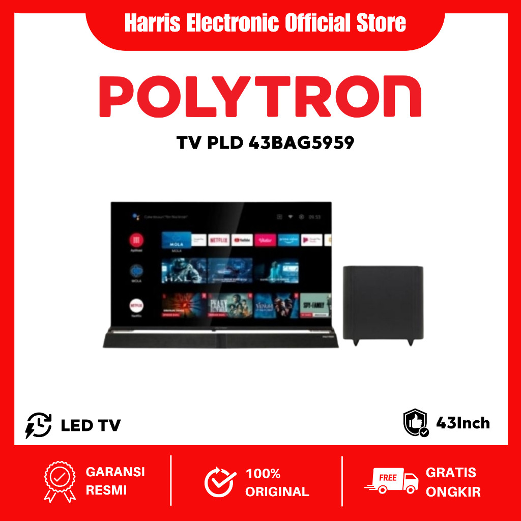 Polytron PLD-43BAG5959 43 Inch Android Smart TV + Soundbar & Subwoofer