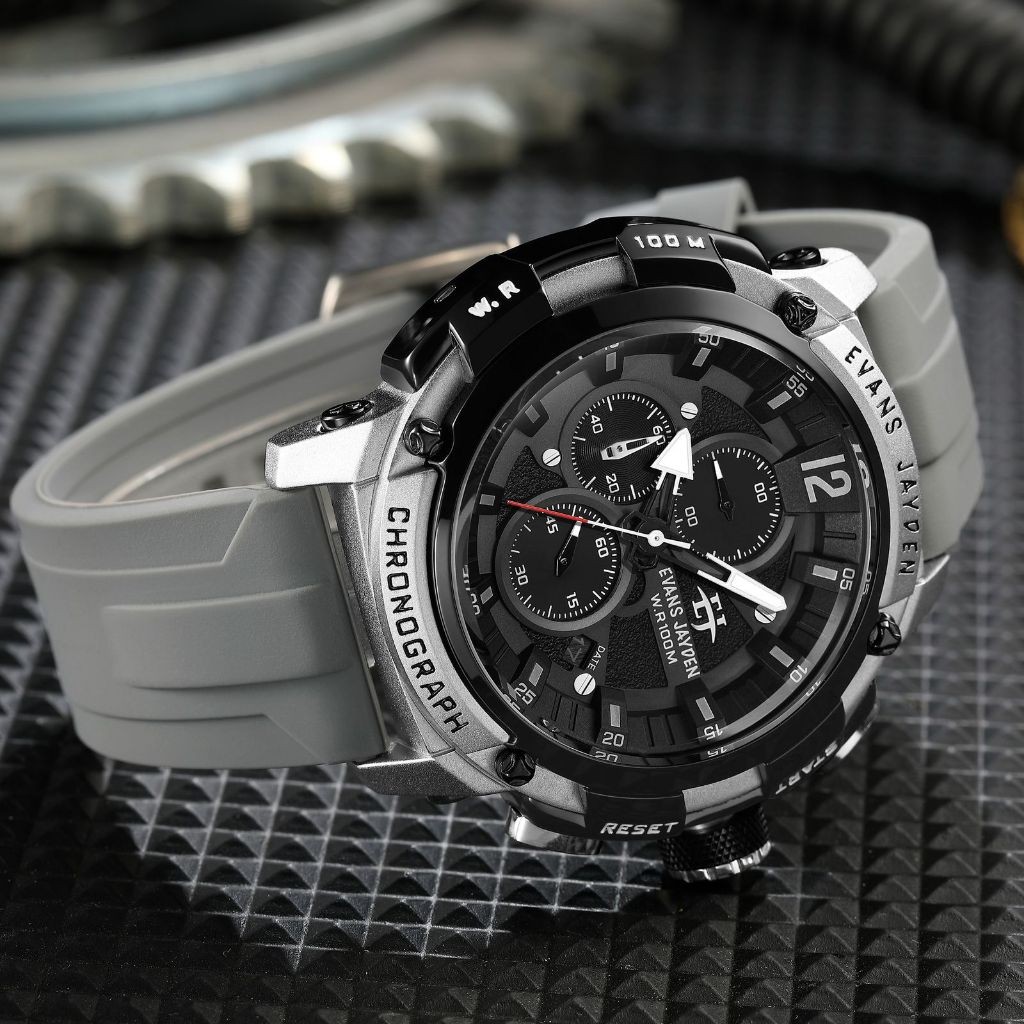 Jam Tangan Pria Evans Jayden 9617 Rubber Silicon Kaca Sapphire Chronograph Water Resistant 5ATM SMAR