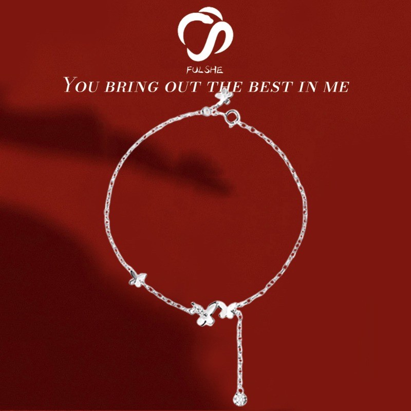 FULSHE Gelang Kaki Rumbai Kupu-Kupu Jepang Dan Korea Untuk Wanita 5A Zircon Perhiasan Platinum Asli