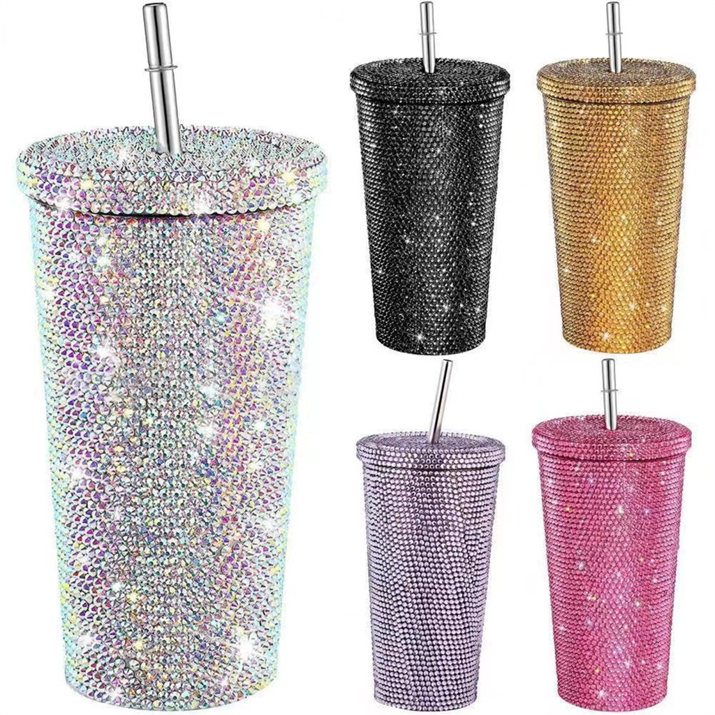 Diamond-studded thermos cup, double-layer stainless steel straw cup, diamond-studded rhinestone coff