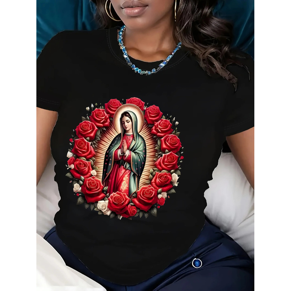 1pc Women's Casual Crew Neck TShirtVibrant Red Virgin Mary & Rose Graphic Print, 100% cotton, Breath