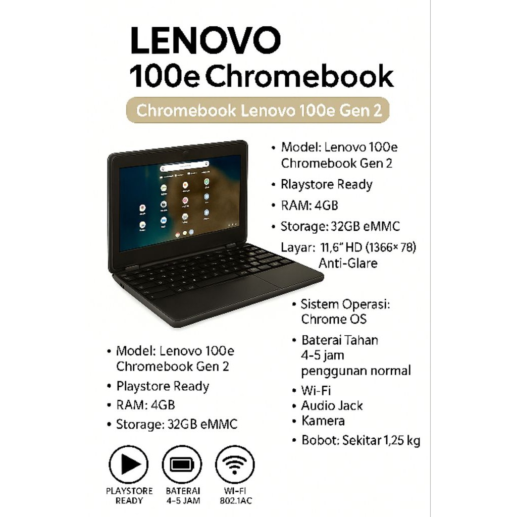 Laptop Chromebook LENOVO 100E, OS Chromebook, 4GB Ram