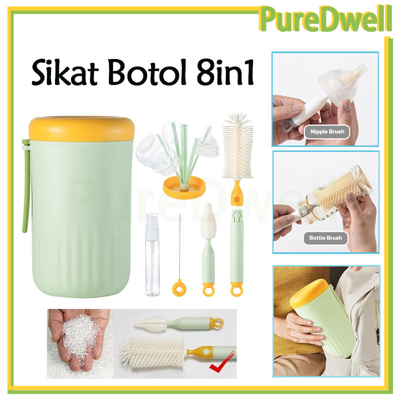 sikat botol bayi 8 in 1 set travelling sikat botol /set sikat botol bayirak pembersih silikon/set pe