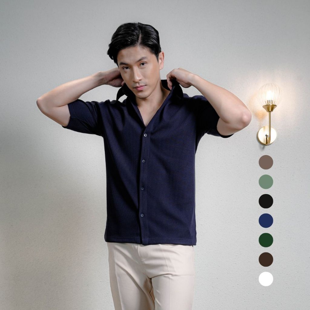 Cupachino Double Knit Kemeja Pria 2-Way Stretch Lengan Pendek