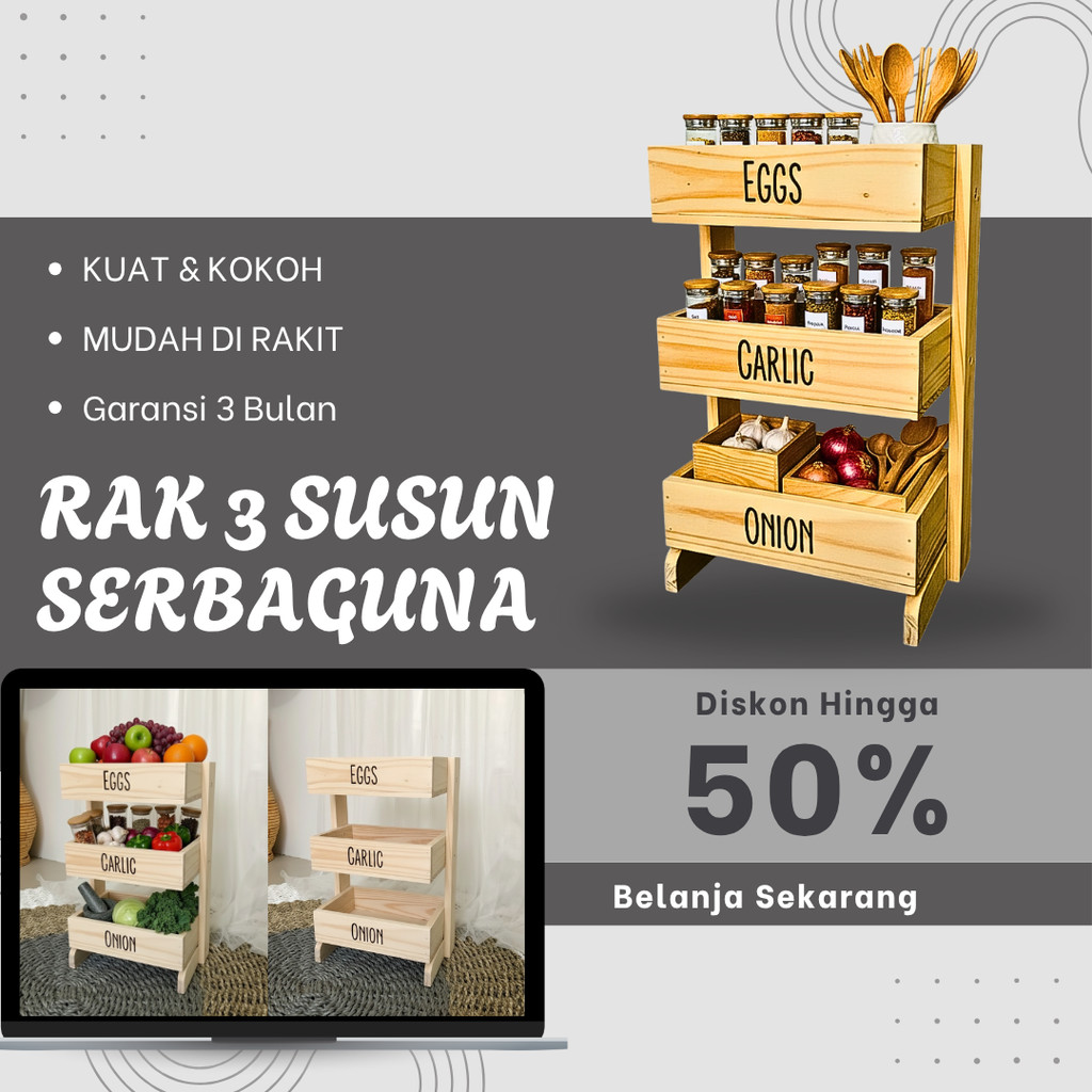 Rak bawang kayu 3 susun / Rak dapur / Rak kosmetik/ Rak perkakas/ Rak bawang
