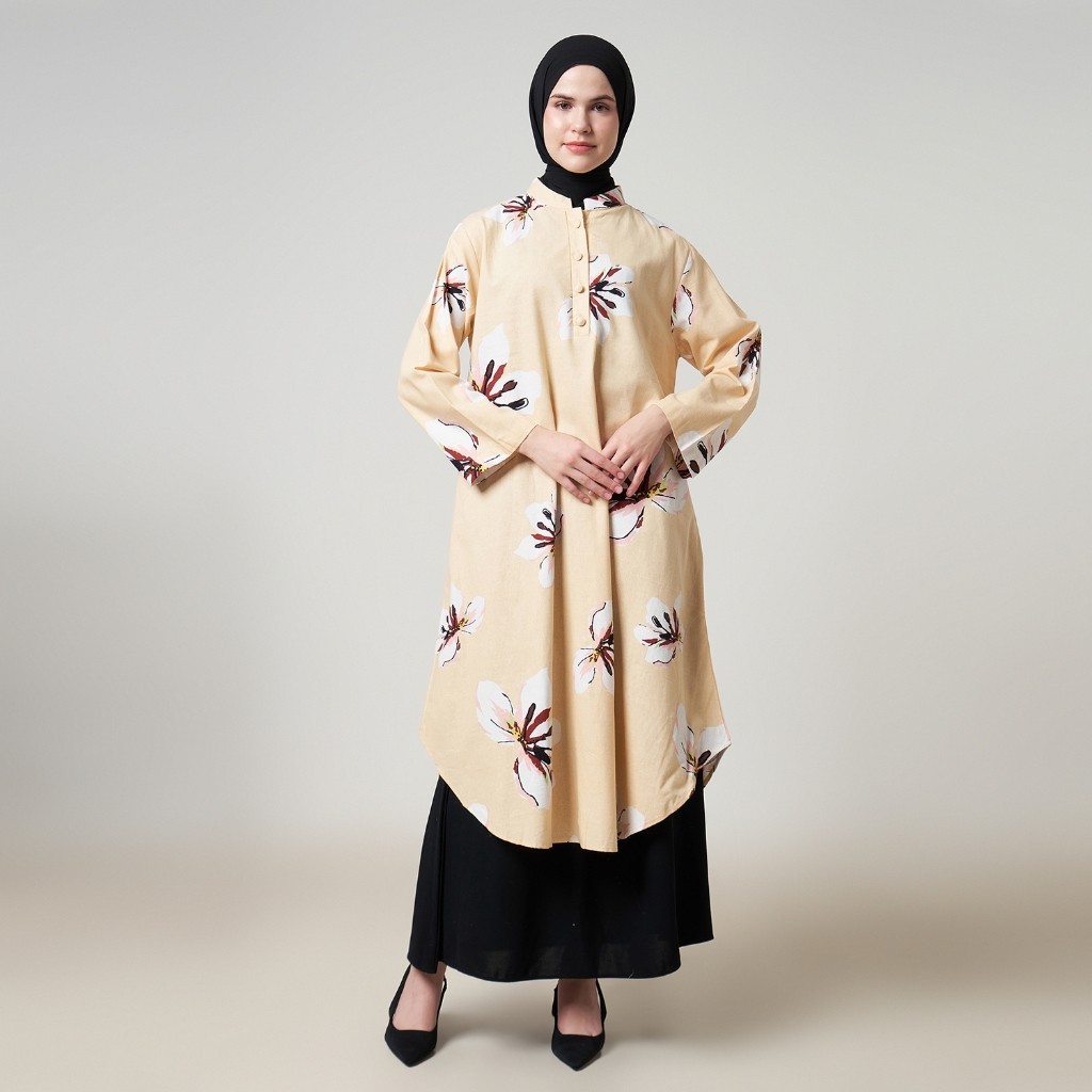Dhoby Ghout Tunik Panjang Premium Wanita Cream Muslim Modern All Size Kancing Depan - Ellen