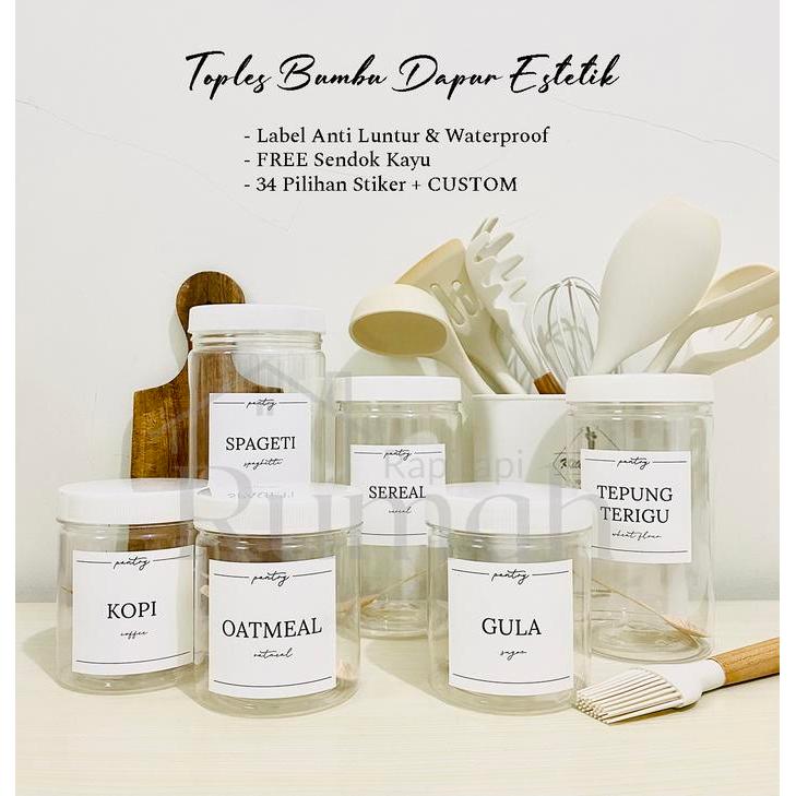 Toples Bumbu Dapur Estetik Tutup Putih 1300 ml - FREE Stiker & Sendok Kayu - 1300ML TUTUP PUTIH , As