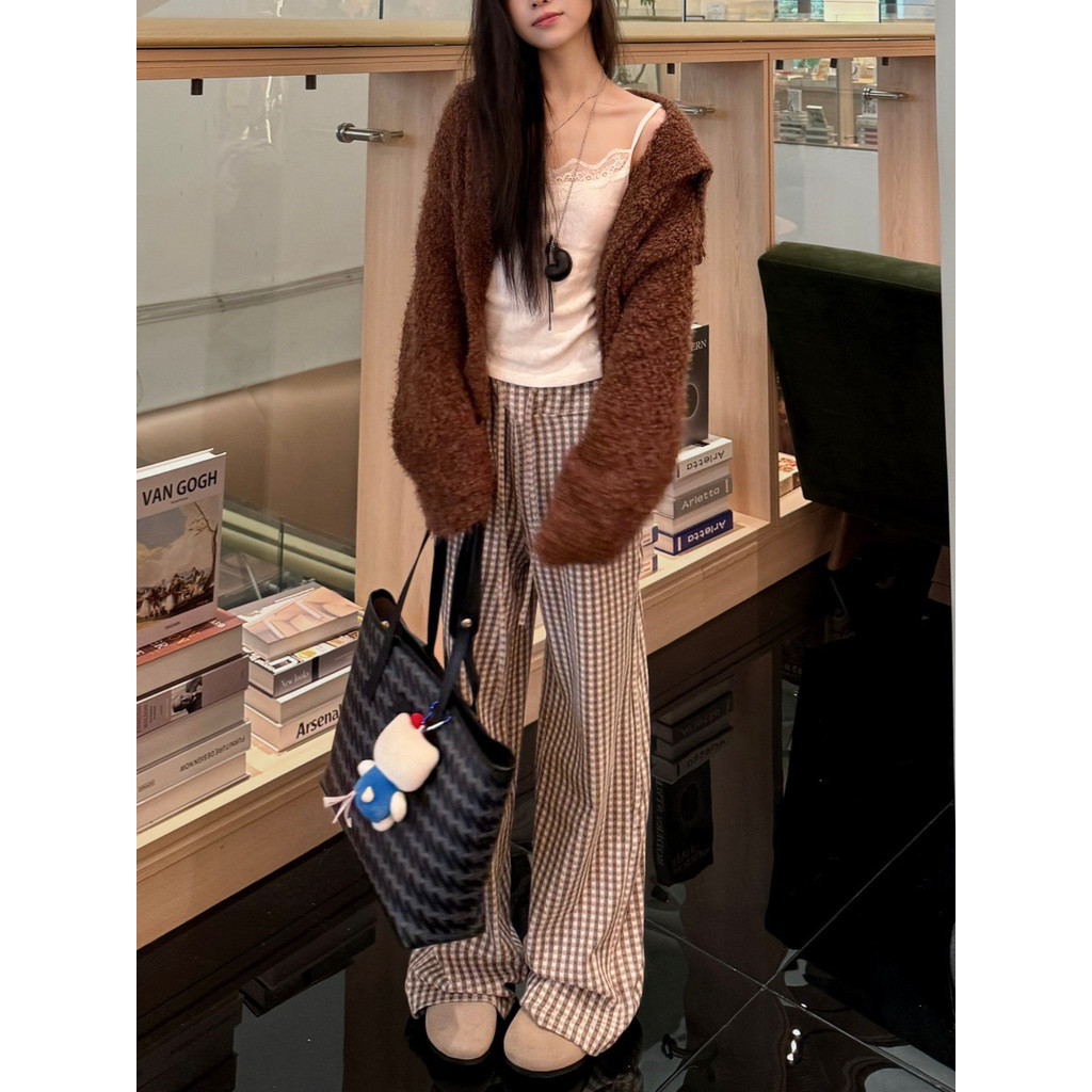 Celana Wanita Kotak-Kotak Kasual Temperamen Celana Panjang Longgar Pinggang Tinggi Baru