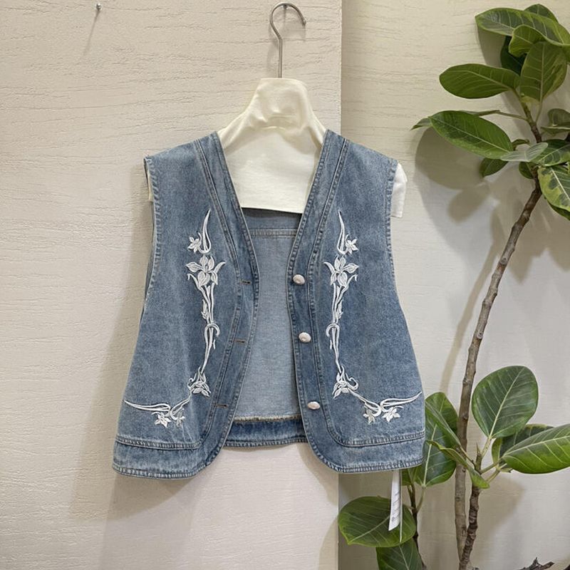 Rompi Tanpa Lengan Bordir Retro Wanita Fashion Jaket Cardigan Denim